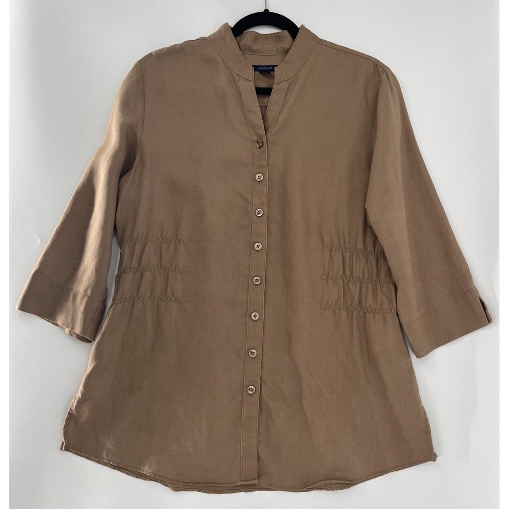 Westbound Linen Top Mandarin Collar Pleated Waist Minimalist Quiet Luxury‎ Sz 14